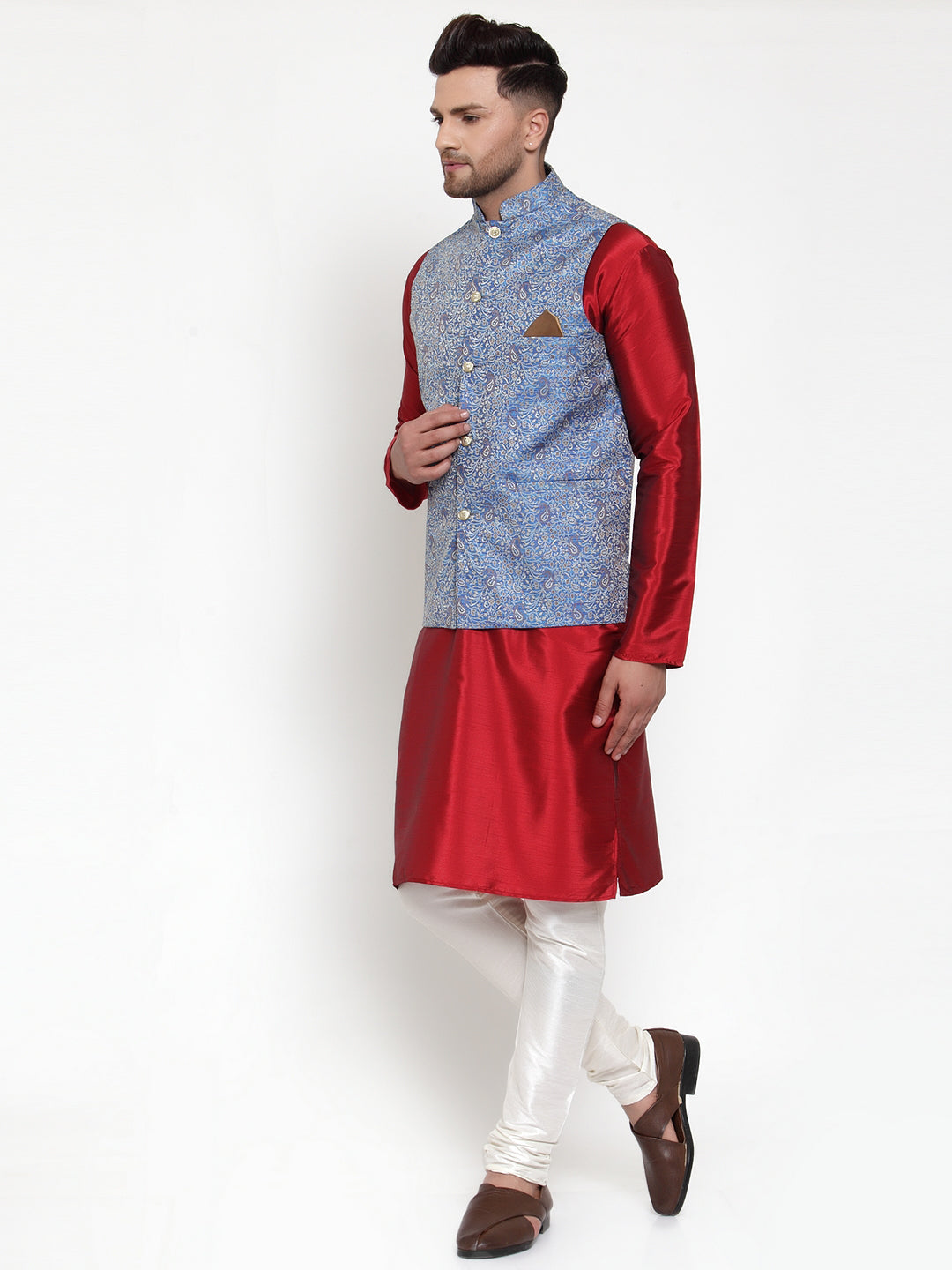 Men's Solid Dupion Kurta Pajama with Woven Jacqaurd Nehru Jacket ( JOKPWC M-D 4020Blue ) - Virat Fashions