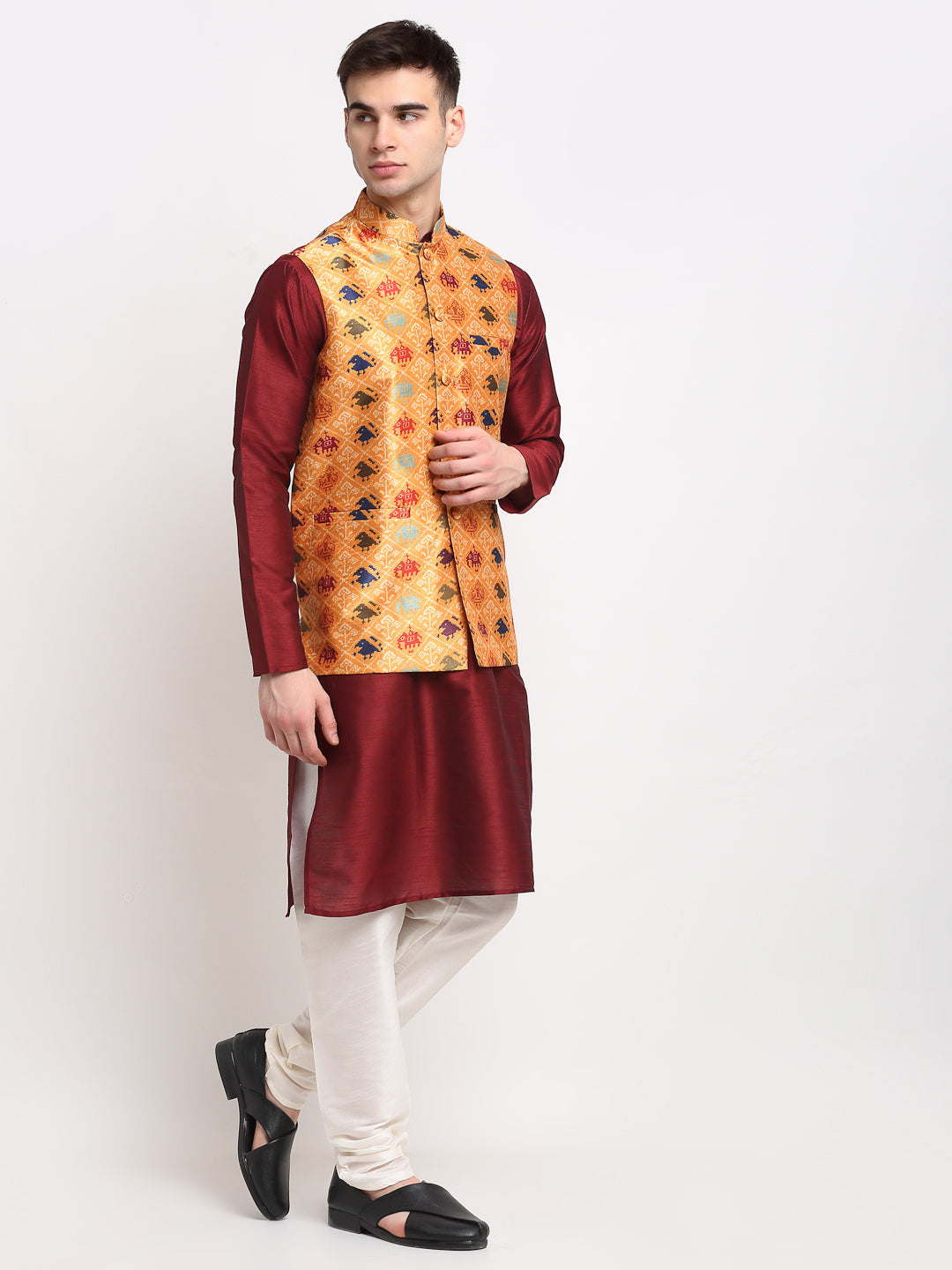Men's Maroon Dupion Silk Kurta with Churidar & Nehru Jacket ( JOKPWC M-D 4025Orange ) - Virat Fashions