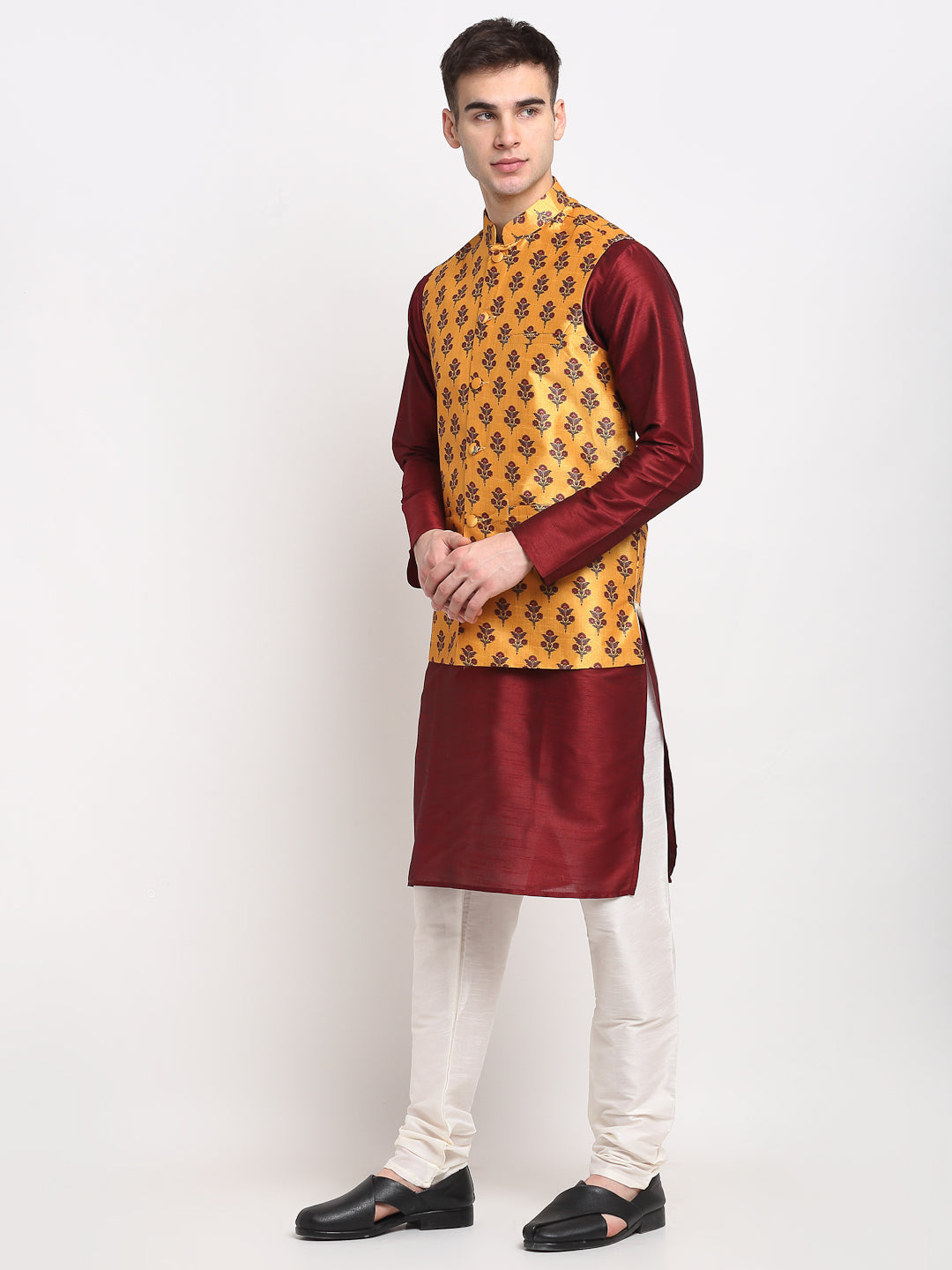 Men's Maroon Dupion Silk Kurta with Churidar & Nehru Jacket ( JOKPWC M-D 4025Yellow ) - Virat Fashions