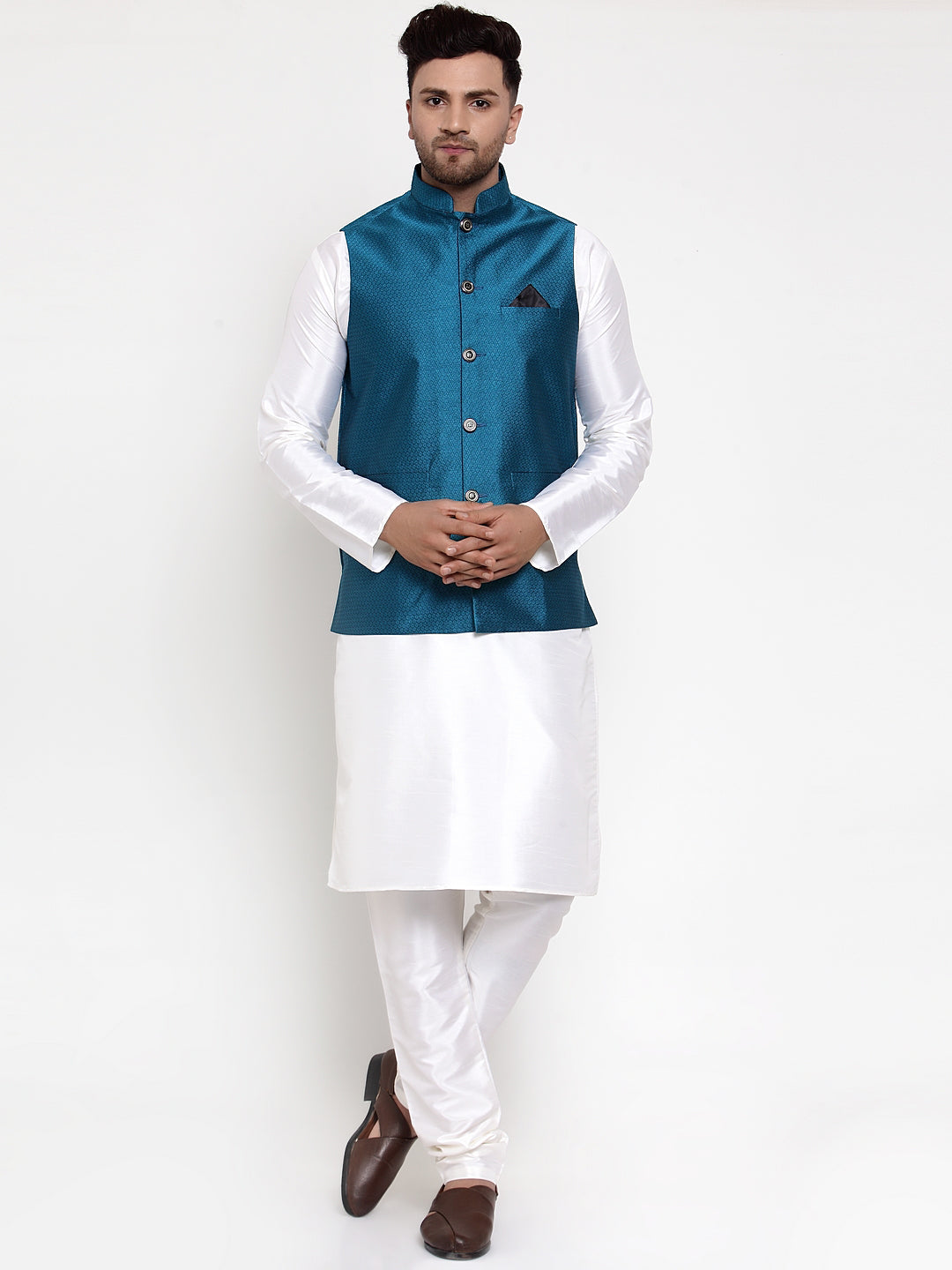 Men's Solid Dupion Kurta Pajama with Woven Nehru Jacket ( JOKPWC OW-D 4017Blue ) - Virat Fashions