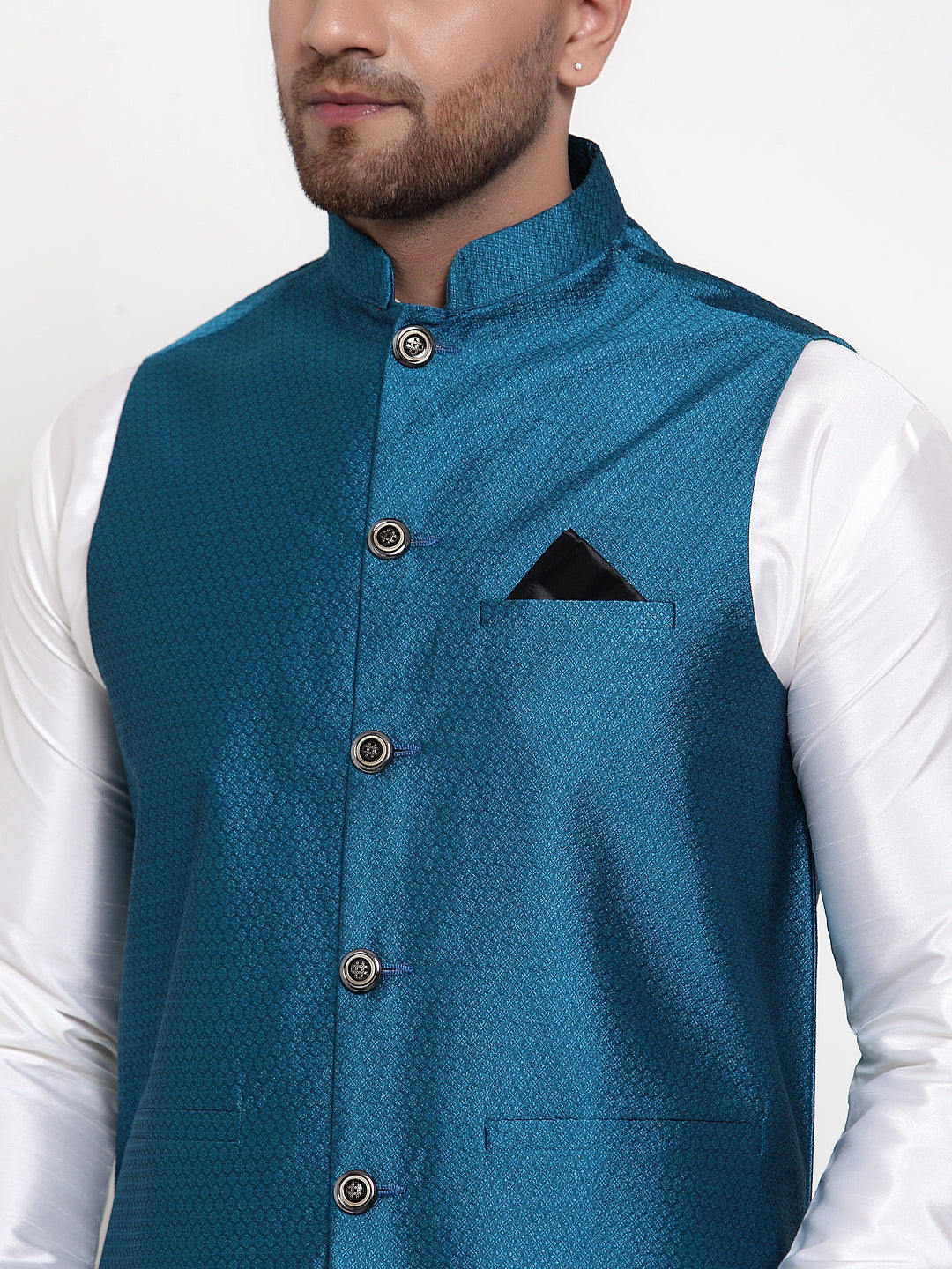 Men's Solid Dupion Kurta Pajama with Woven Nehru Jacket ( JOKPWC OW-D 4017Blue ) - Virat Fashions