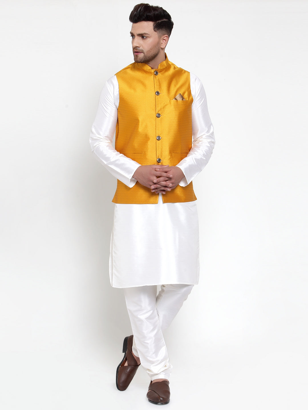 Men's Solid Dupion Kurta Pajama with Woven Nehru Jacket ( JOKPWC OW-D 4017Yellow ) - Virat Fashions