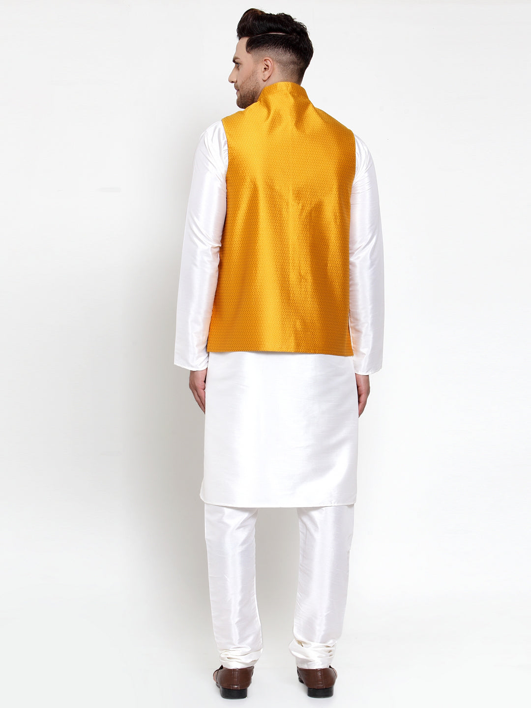 Men's Solid Dupion Kurta Pajama with Woven Nehru Jacket ( JOKPWC OW-D 4017Yellow ) - Virat Fashions