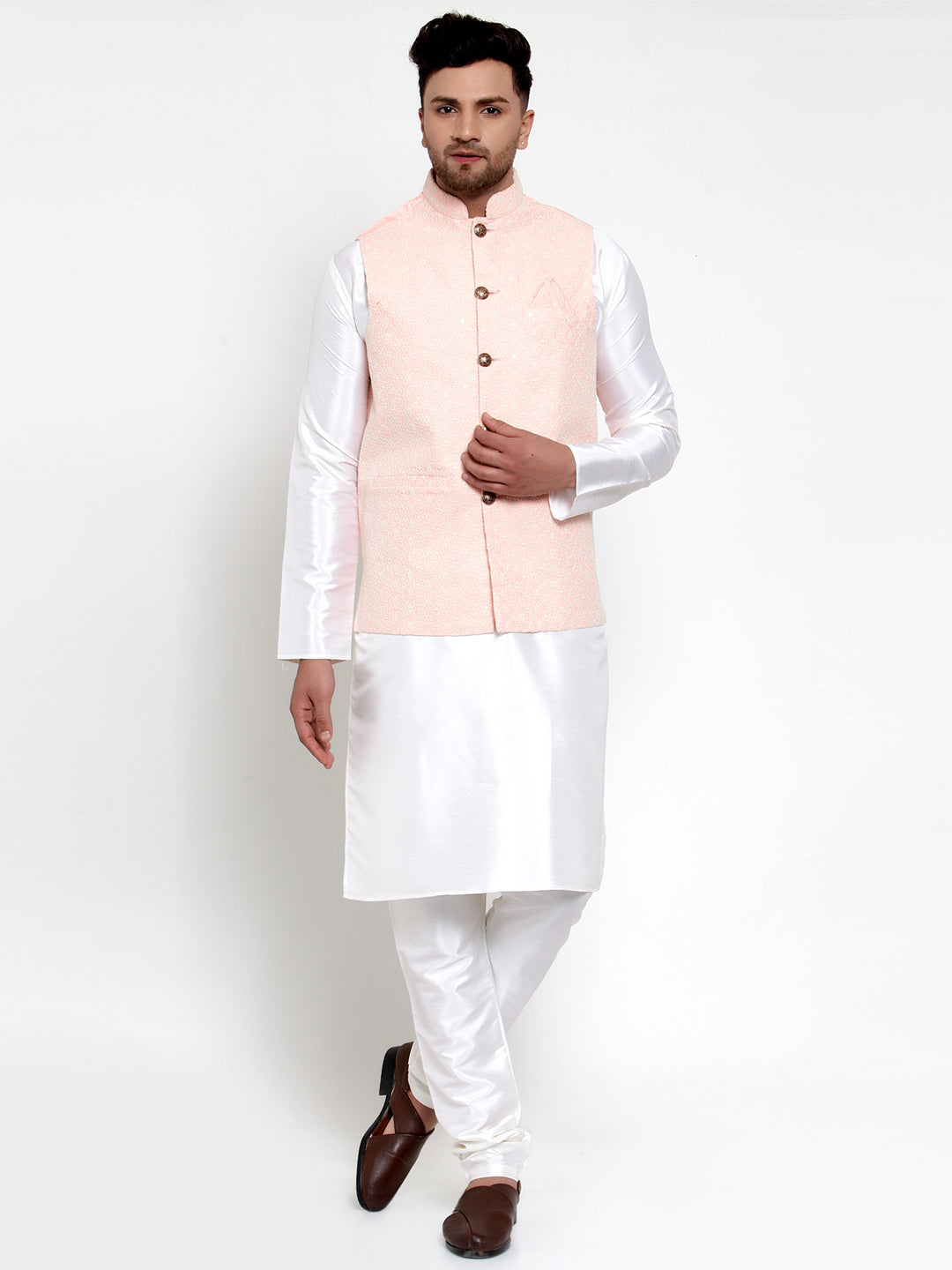 Men's Solid Dupion Kurta Pajama with Embroiderd Nehru Jacket ( JOKPWC OW-D 4018Pink ) - Virat Fashions
