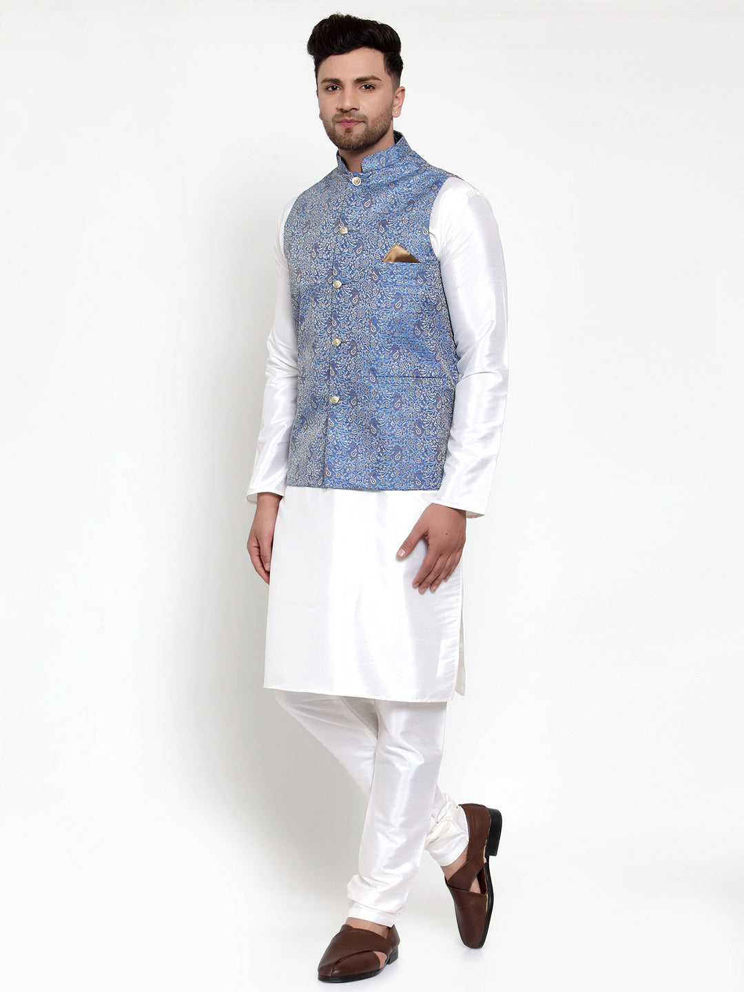 Men's Solid Dupion Kurta Pajama with Woven Jacqaurd Nehru Jacket ( JOKPWC OW-D 4020Blue ) - Virat Fashions