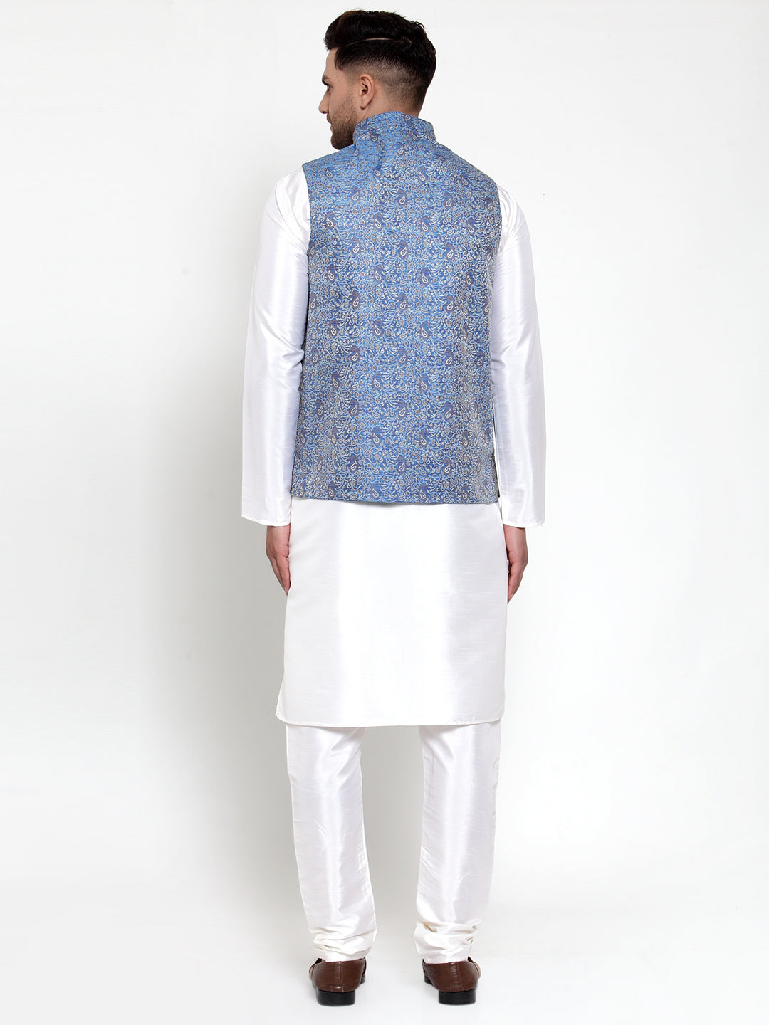 Men's Solid Dupion Kurta Pajama with Woven Jacqaurd Nehru Jacket ( JOKPWC OW-D 4020Blue ) - Virat Fashions