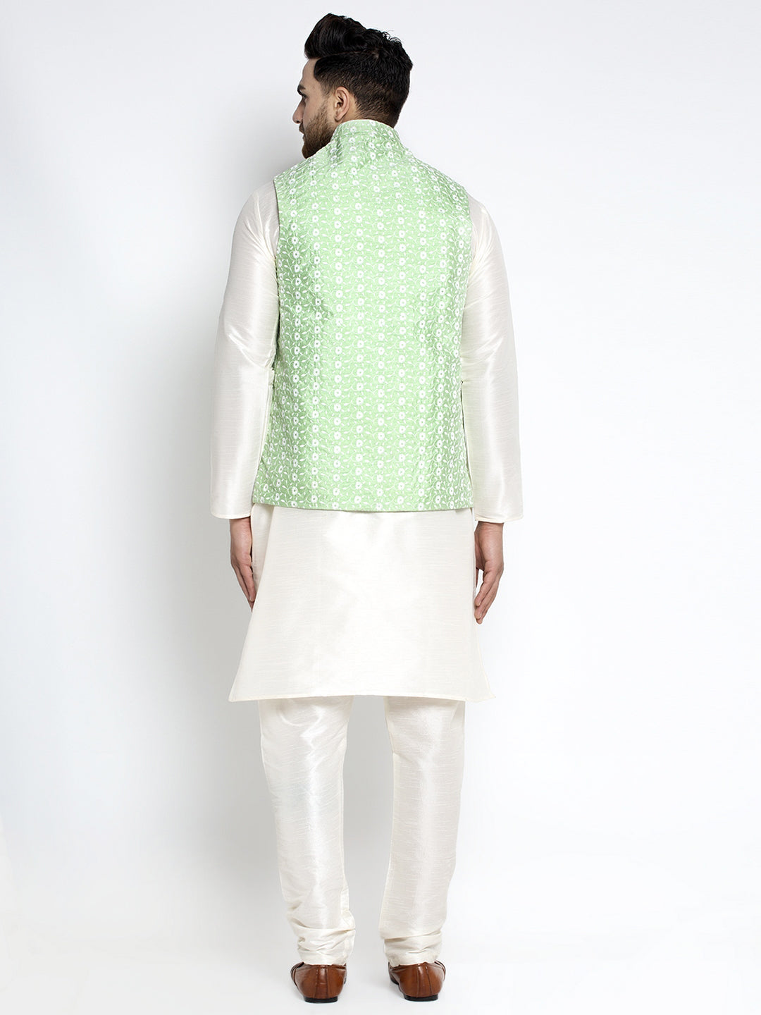 Men's Solid White Dupion Kurta Payjama with Embroidered Waistcoat ( JOKPWC OW-D 4023 Green ) - Virat Fashions