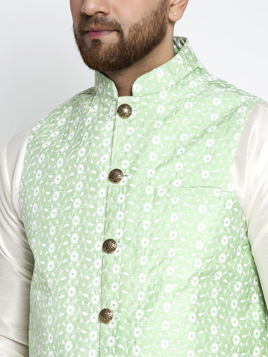 Men's Solid White Dupion Kurta Payjama with Embroidered Waistcoat ( JOKPWC OW-D 4023 Green ) - Virat Fashions