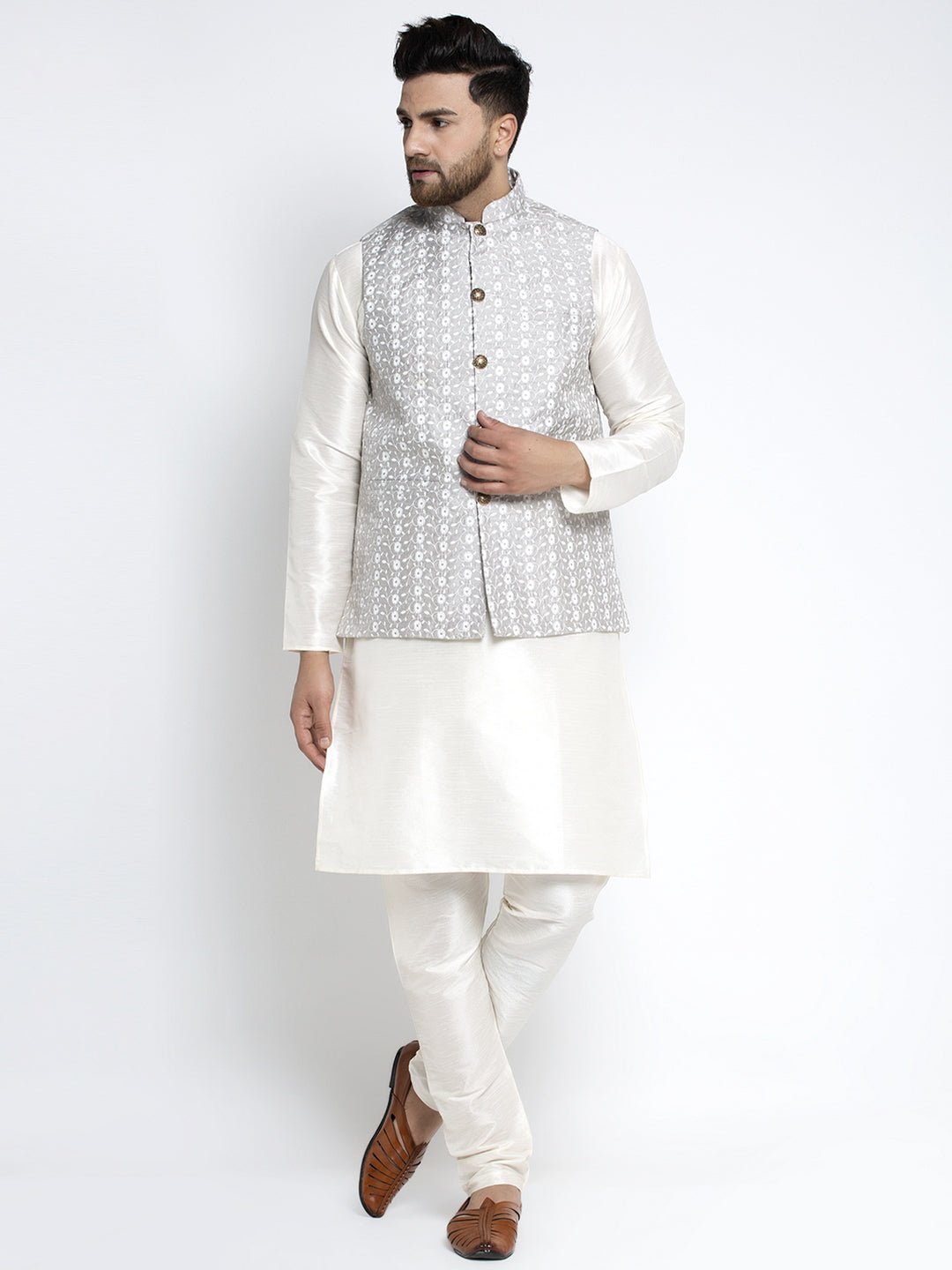 Men's Solid White Dupion Kurta Payjama with Embroidered Waistcoat ( JOKPWC OW-D 4023 Grey ) - Virat Fashions