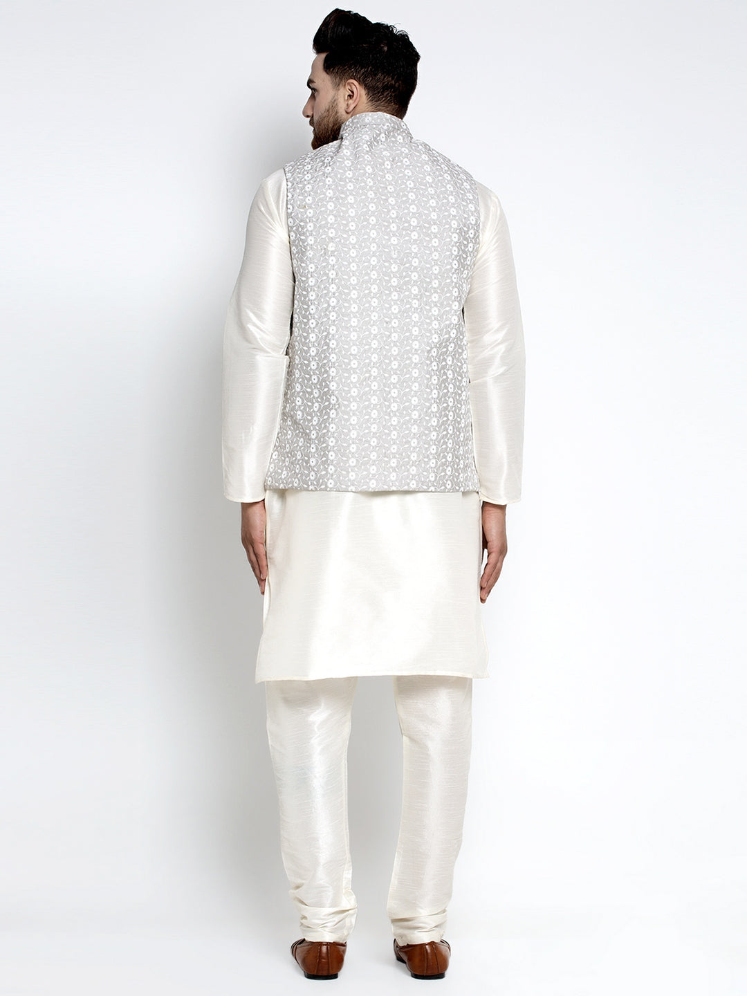 Men's Solid White Dupion Kurta Payjama with Embroidered Waistcoat ( JOKPWC OW-D 4023 Grey ) - Virat Fashions