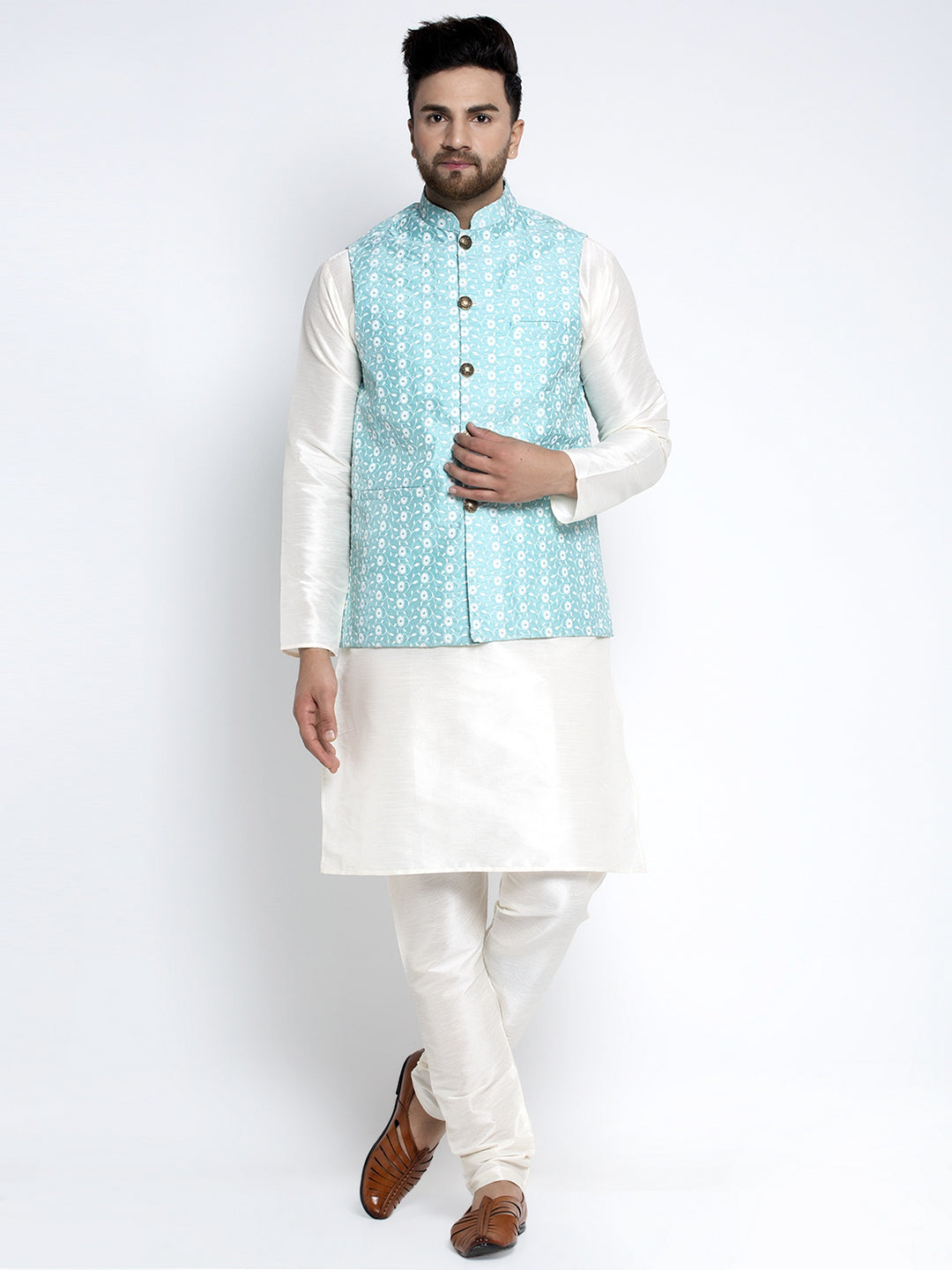 Men's Solid White Dupion Kurta Payjama with Embroidered Waistcoat ( JOKPWC OW-D 4023 Sky ) - Virat Fashions
