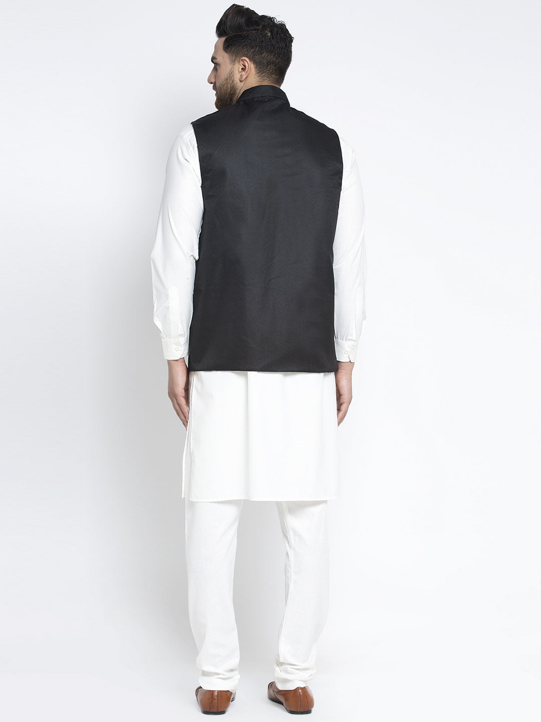 Men's Solid White Cotton Kurta Payjama with Solid Black Waistcoat ( JOKPWC OW-F 4021 Black ) - Virat Fashions