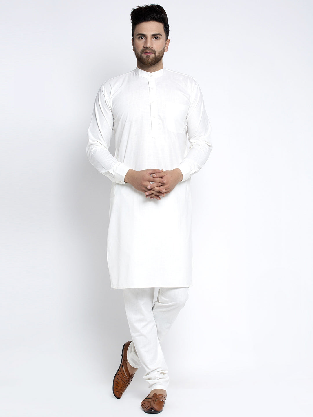 Men's Solid White Cotton Kurta Payjama with Solid Charcoal Waistcoat ( JOKPWC OW-F 4021 Charcoal ) - Virat Fashions