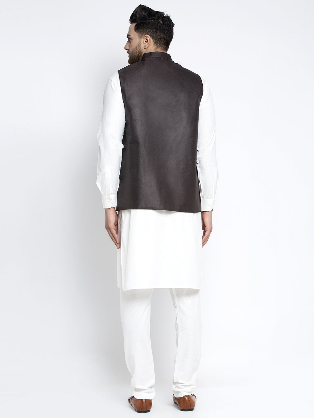Men's Solid White Cotton Kurta Payjama with Solid Coffee Waistcoat ( JOKPWC OW-F 4021 Coffee ) - Virat Fashions