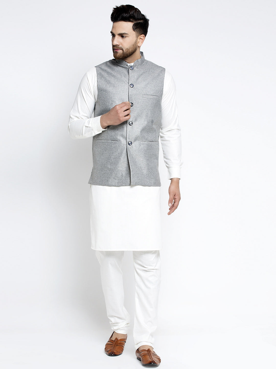 Men's Solid White Cotton Kurta Payjama with Solid Grey Waistcoat ( JOKPWC OW-F 4021 Grey ) - Virat Fashions