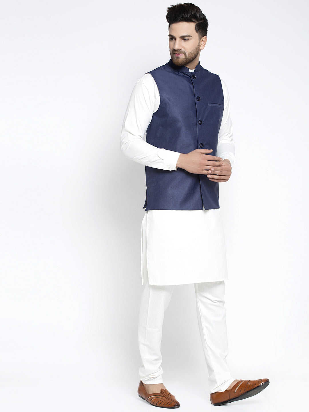 Men's Solid White Cotton Kurta Payjama with Solid Navy Waistcoat ( JOKPWC OW-F 4021 Navy ) - Virat Fashions