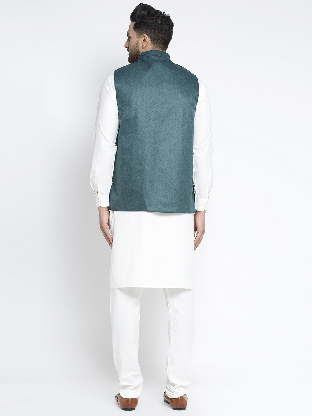 Men's Solid White Cotton Kurta Payjama with Solid Teal Waistcoat ( JOKPWC OW-F 4021 Teal ) - Virat Fashions