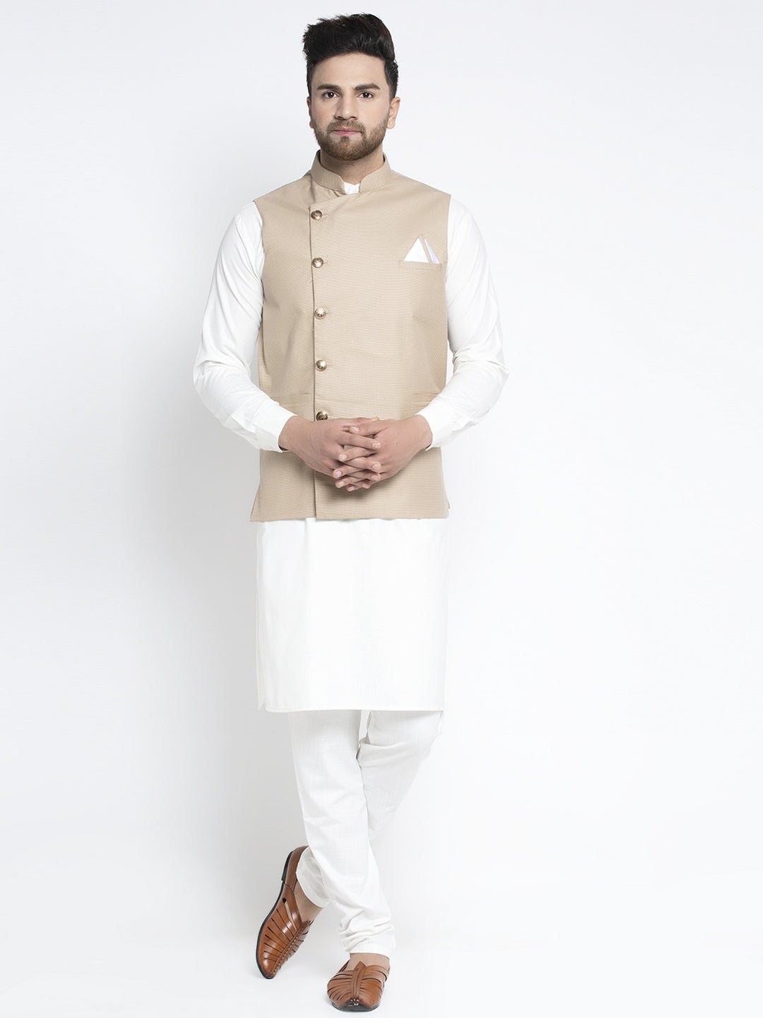 Men's Solid White Cotton Kurta Payjama with Geometric Waistcoat ( JOKPWC OW-F 4022 Beige ) - Virat Fashions