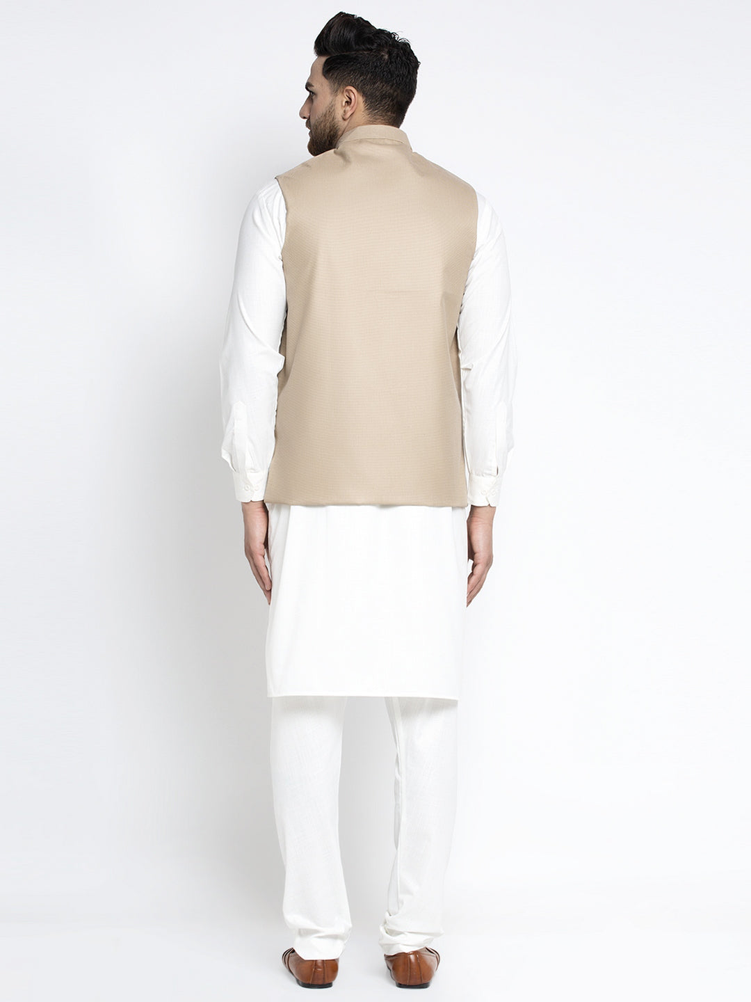 Men's Solid White Cotton Kurta Payjama with Geometric Waistcoat ( JOKPWC OW-F 4022 Beige ) - Virat Fashions
