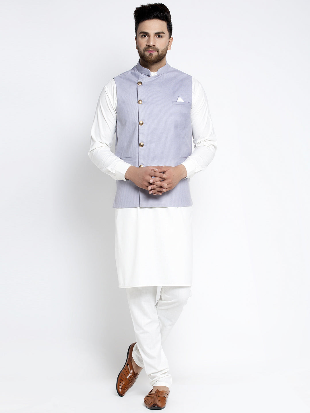 Men's Solid White Cotton Kurta Payjama with Geometric Waistcoat ( JOKPWC OW-F 4022 Blue ) - Virat Fashions