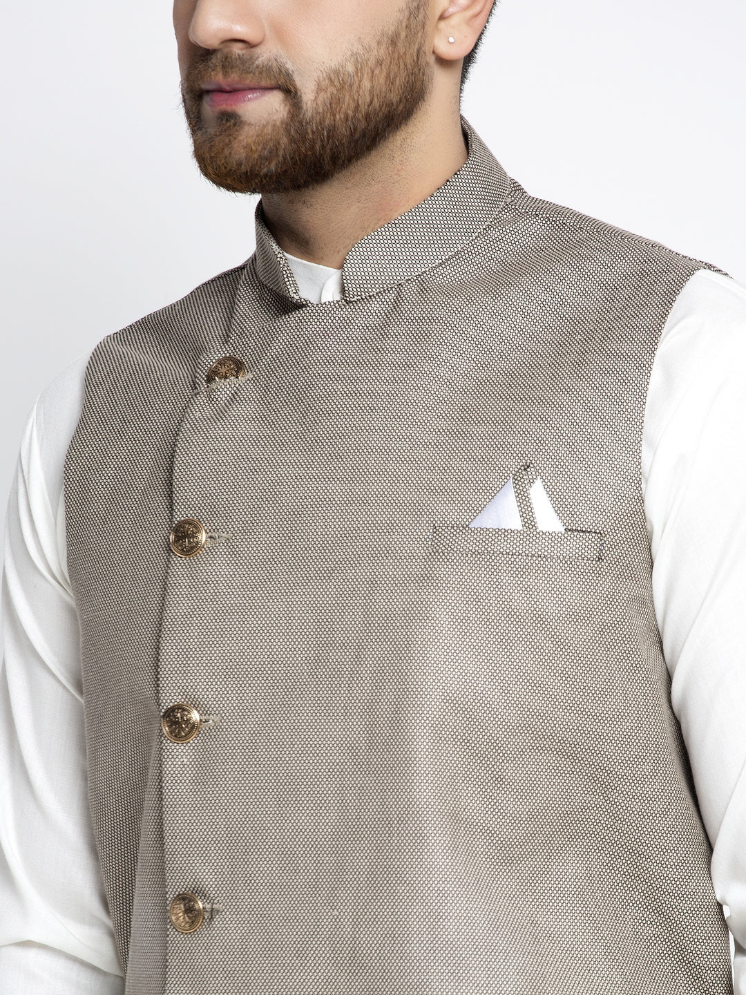Men's Solid White Cotton Kurta Payjama with Geometric Waistcoat ( JOKPWC OW-F 4022 Grey ) - Virat Fashions