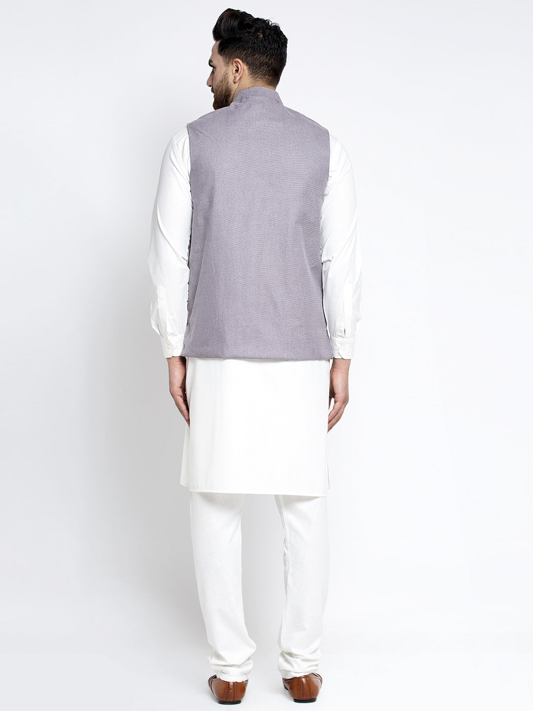 Men's Solid White Cotton Kurta Payjama with Geometric Waistcoat ( JOKPWC OW-F 4022 Purple ) - Virat Fashions