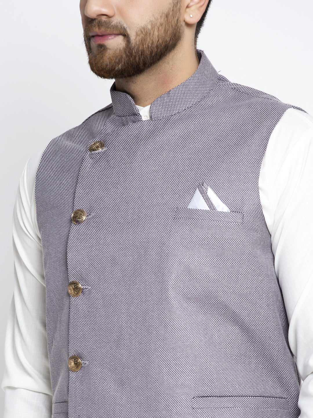Men's Solid White Cotton Kurta Payjama with Geometric Waistcoat ( JOKPWC OW-F 4022 Purple ) - Virat Fashions