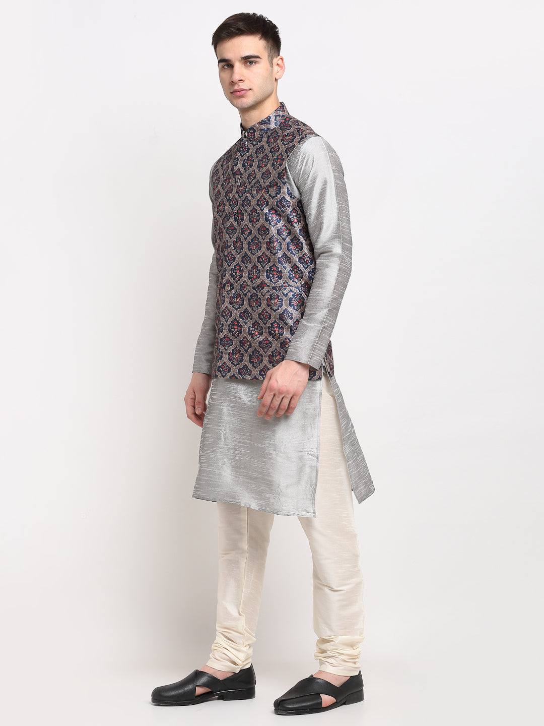 Men's Silver Dupion Silk Kurta with Churidar & Nehru Jacket ( JOKPWC S-D 4025Grey ) - Virat Fashions