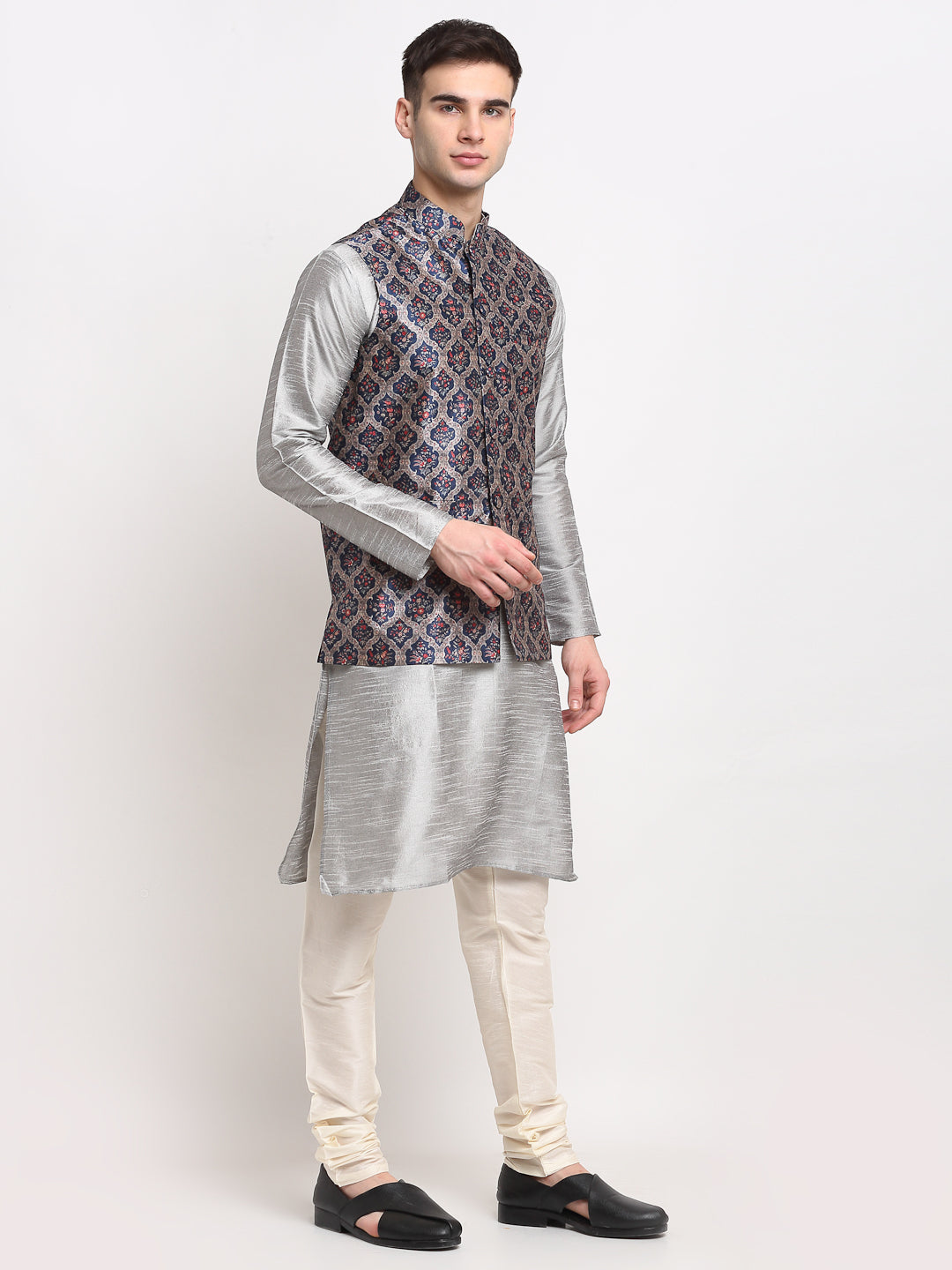 Men's Silver Dupion Silk Kurta with Churidar & Nehru Jacket ( JOKPWC S-D 4025Grey ) - Virat Fashions