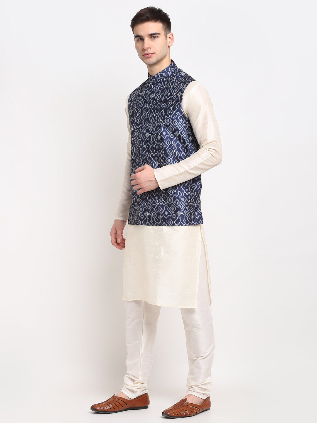 Men's Off-white Dupion Silk Kurta with Churidar & Nehru Jacket ( JOKPWC W-D 4025Blue ) - Virat Fashions