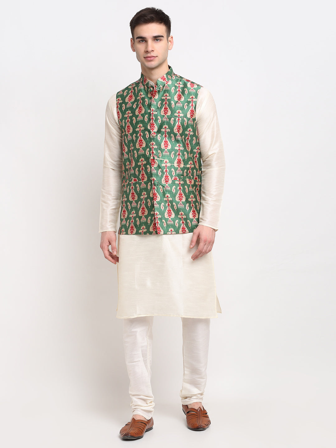 Men's Off-white Dupion Silk Kurta with Churidar & Nehru Jacket ( JOKPWC W-D 4025Green ) - Virat Fashions