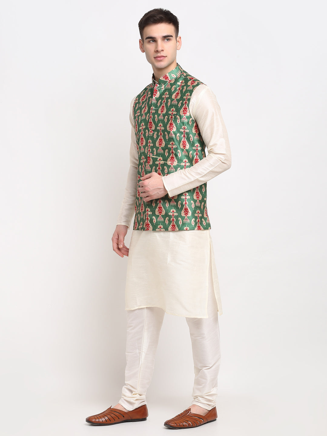 Men's Off-white Dupion Silk Kurta with Churidar & Nehru Jacket ( JOKPWC W-D 4025Green ) - Virat Fashions