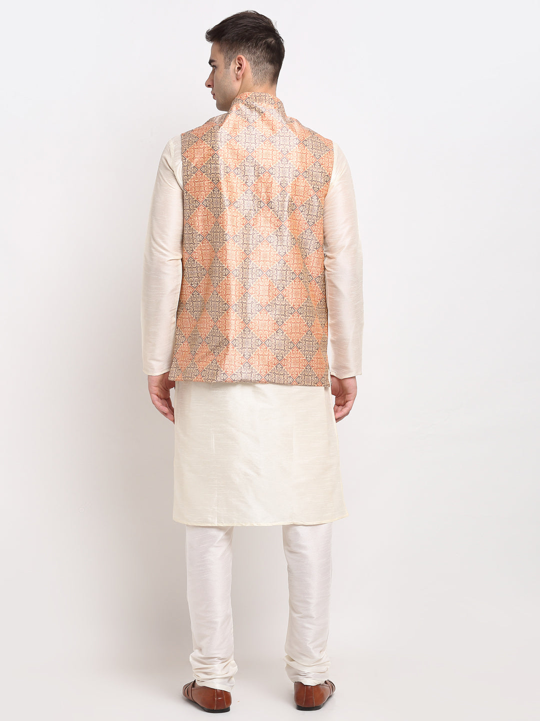 Men's Off-white Dupion Silk Kurta with Churidar & Nehru Jacket ( JOKPWC W-D 4025Peach-Purple ) - Virat Fashions