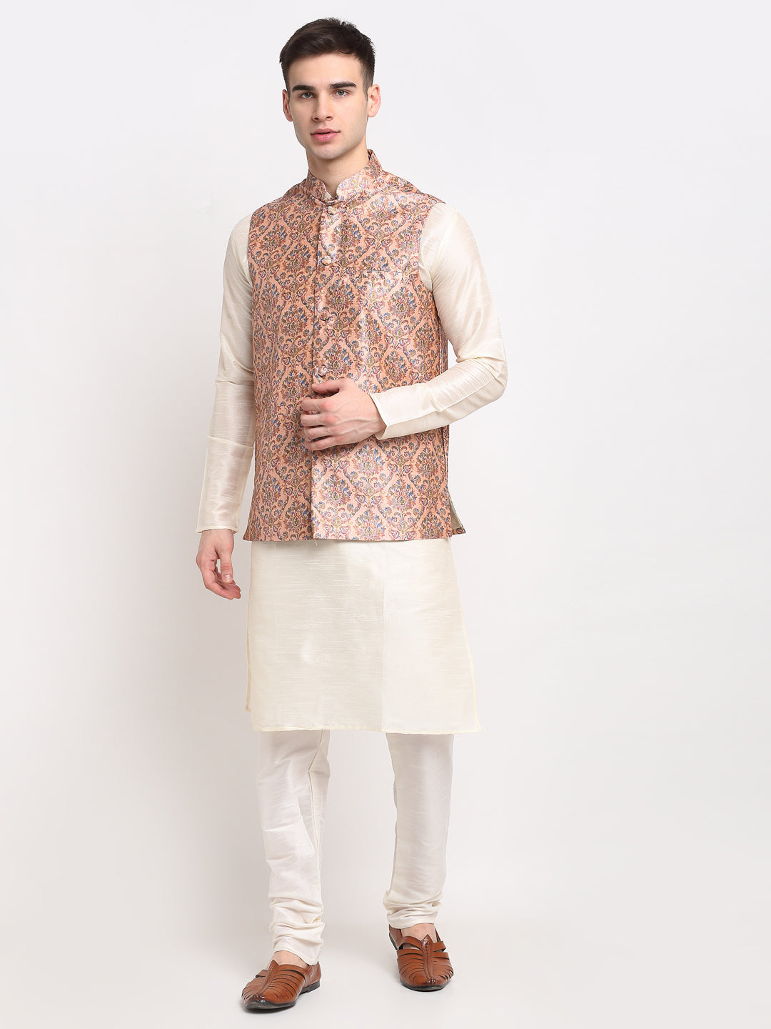 Men's Off-white Dupion Silk Kurta with Churidar & Nehru Jacket ( JOKPWC W-D 4025Peach ) - Virat Fashions