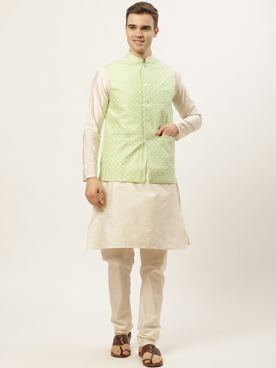Men's Embroidered Nehru Jacket & Kurta Pyjama ( JOKPWC W-D 4029Green ) - Virat Fashions
