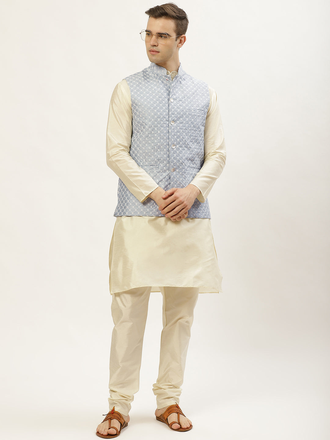 Men's Embroidered Nehru Jacket & Kurta Pyjama ( JOKPWC W-D 4029Grey ) - Virat Fashions