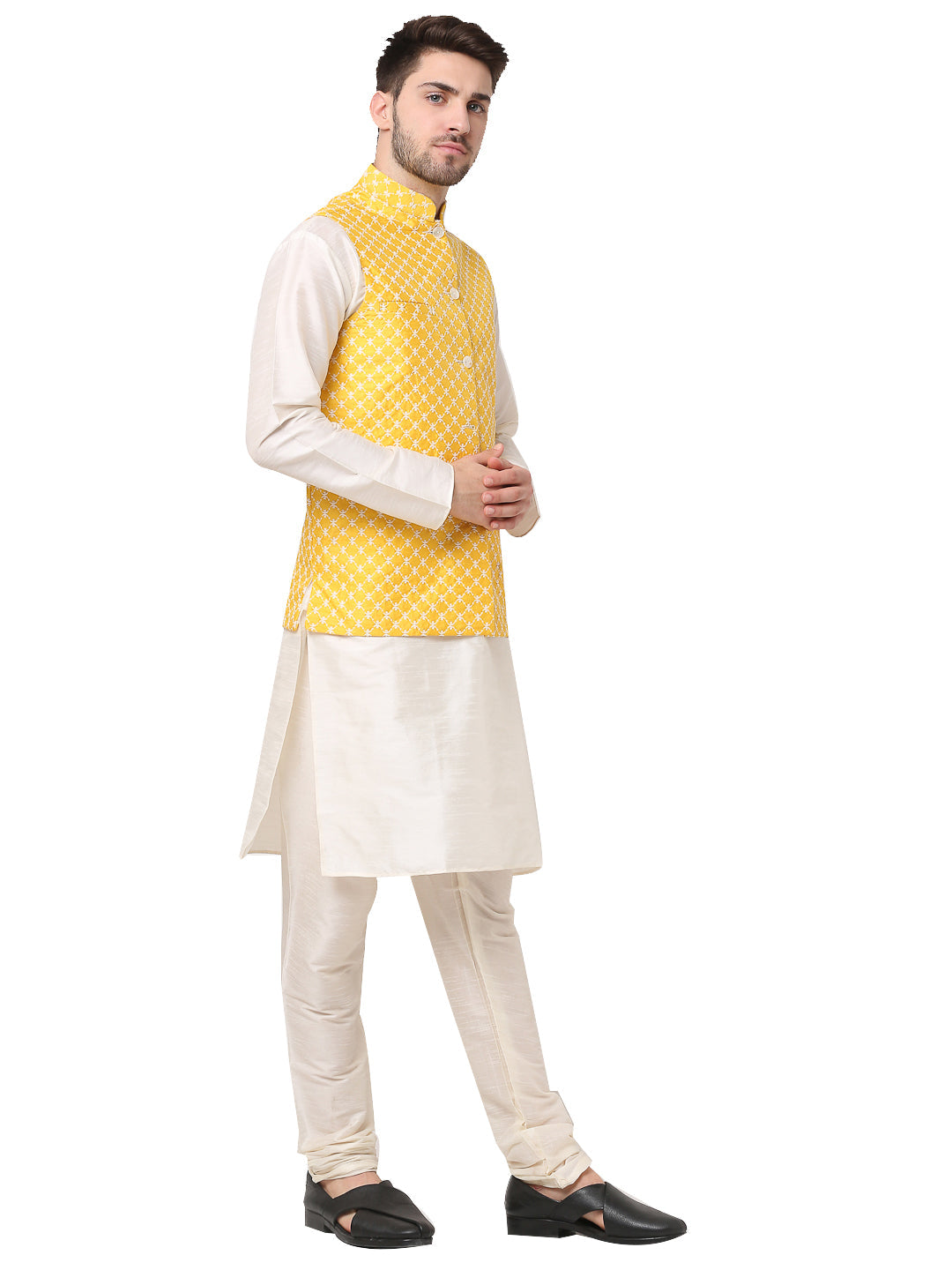 Men's Embroidered Nehru Jacket & Kurta Pyjama ( JOKPWC W-D 4029Mustard ) - Virat Fashions