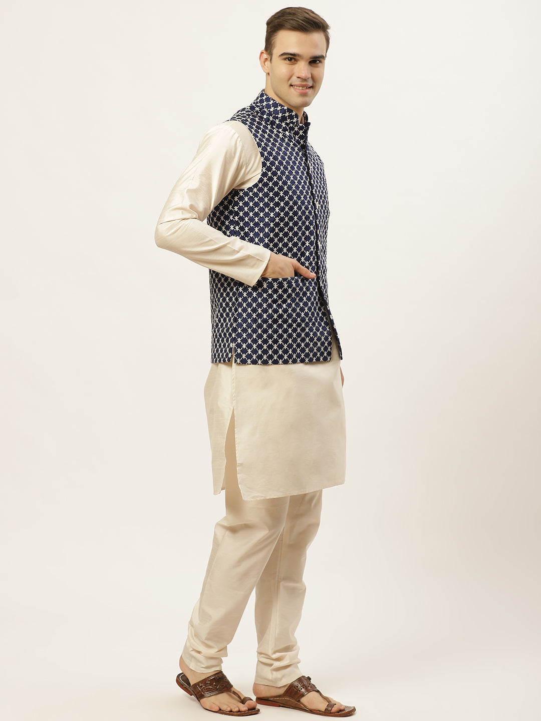 Men's Embroidered Nehru Jacket & Kurta Pyjama ( JOKPWC W-D 4029Navy ) - Virat Fashions