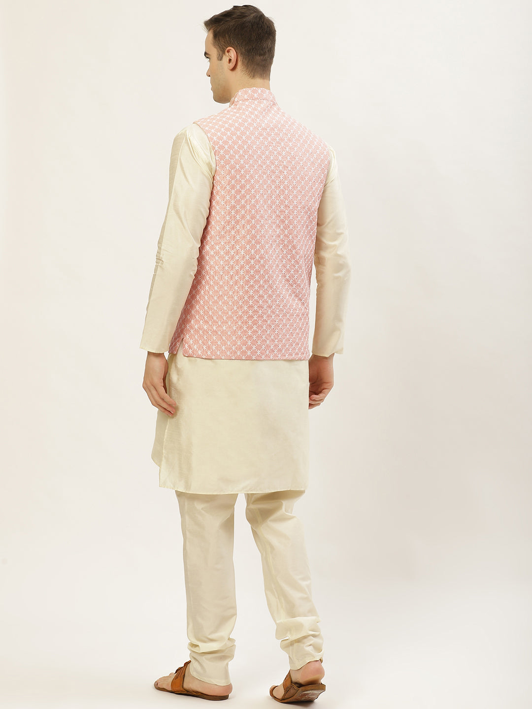 Men's Embroidered Nehru Jacket & Kurta Pyjama ( JOKPWC W-D 4029Peach ) - Virat Fashions