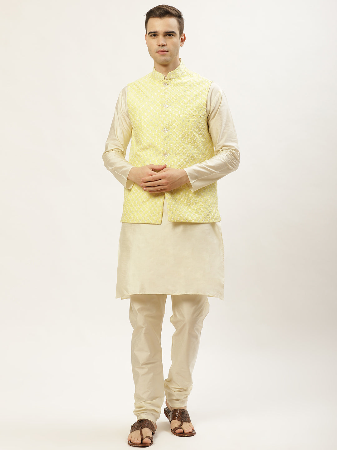 Men's Embroidered Nehru Jacket & Kurta Pyjama ( JOKPWC W-D 4029Yellow ) - Virat Fashions