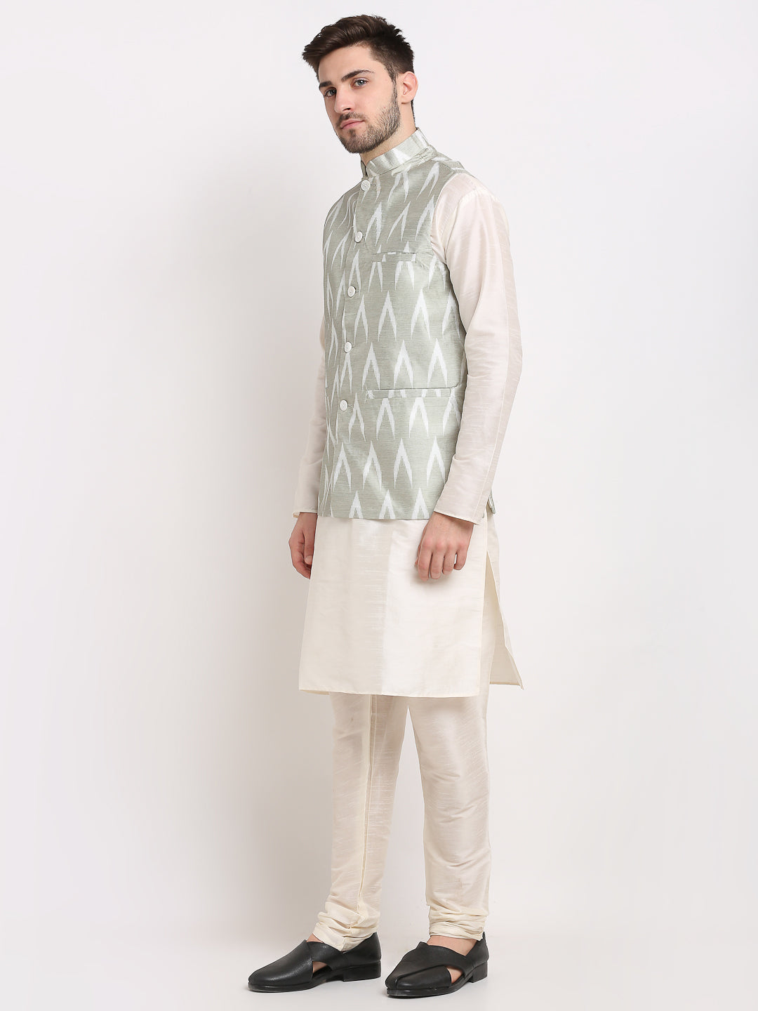 Men's Ikat Print Nehru Jacket & Kurta Pyjama ( JOKPWC W-D 4030Grey ) - Virat Fashions