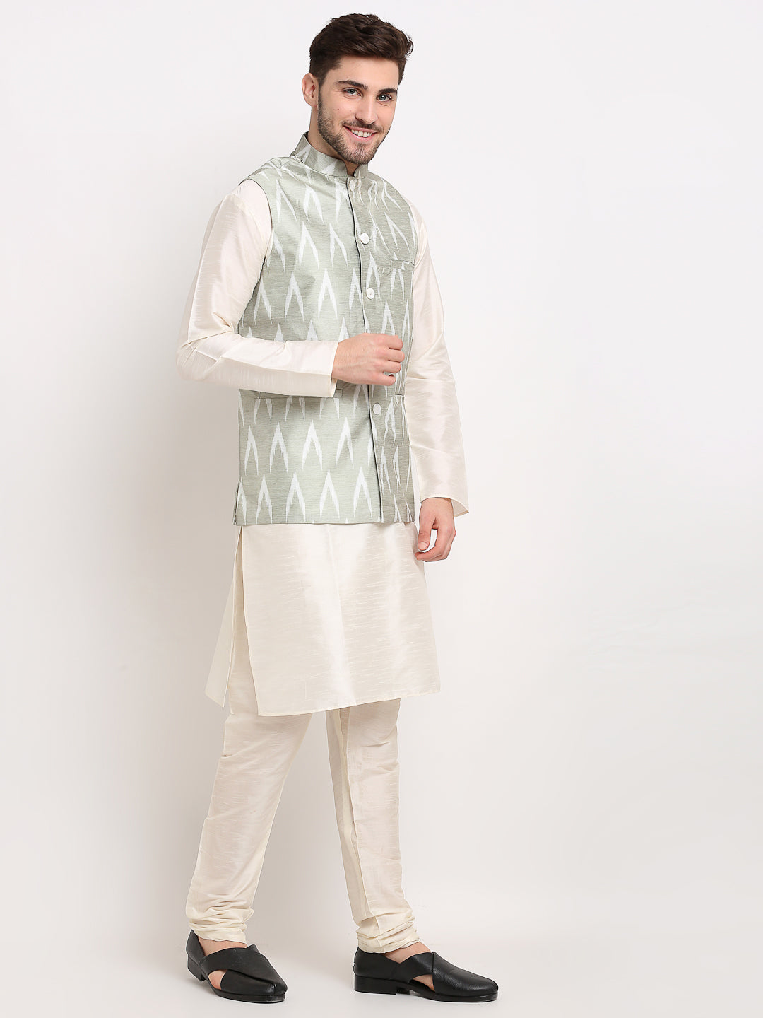 Men's Ikat Print Nehru Jacket & Kurta Pyjama ( JOKPWC W-D 4030Grey ) - Virat Fashions