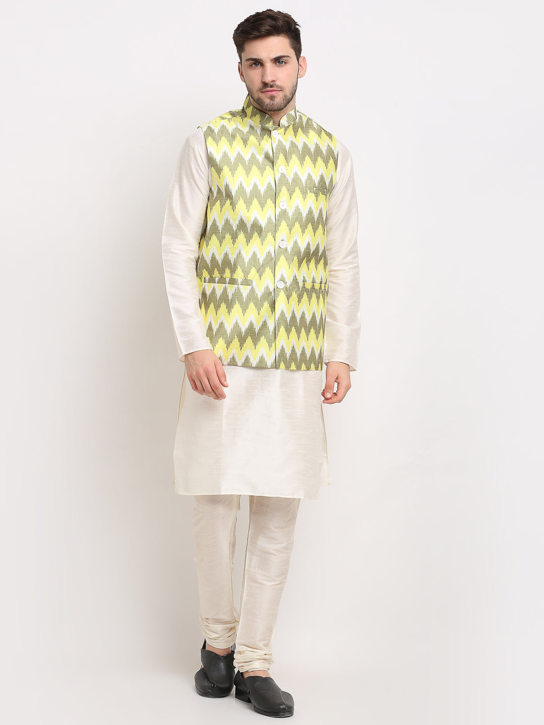 Men's Ikat Print Nehru Jacket & Kurta Pyjama ( JOKPWC W-D 4030Multi-Olive ) - Virat Fashions