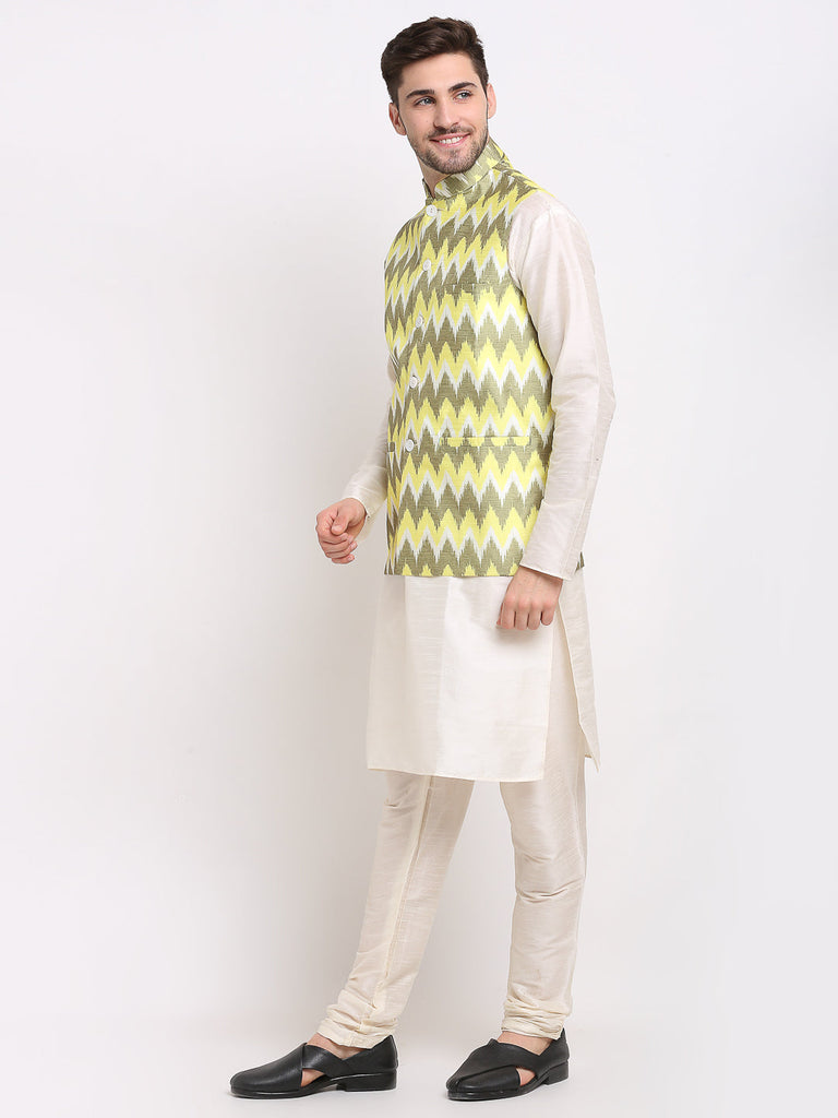 Men's Ikat Print Nehru Jacket & Kurta Pyjama ( JOKPWC W-D 4030Multi-Olive )