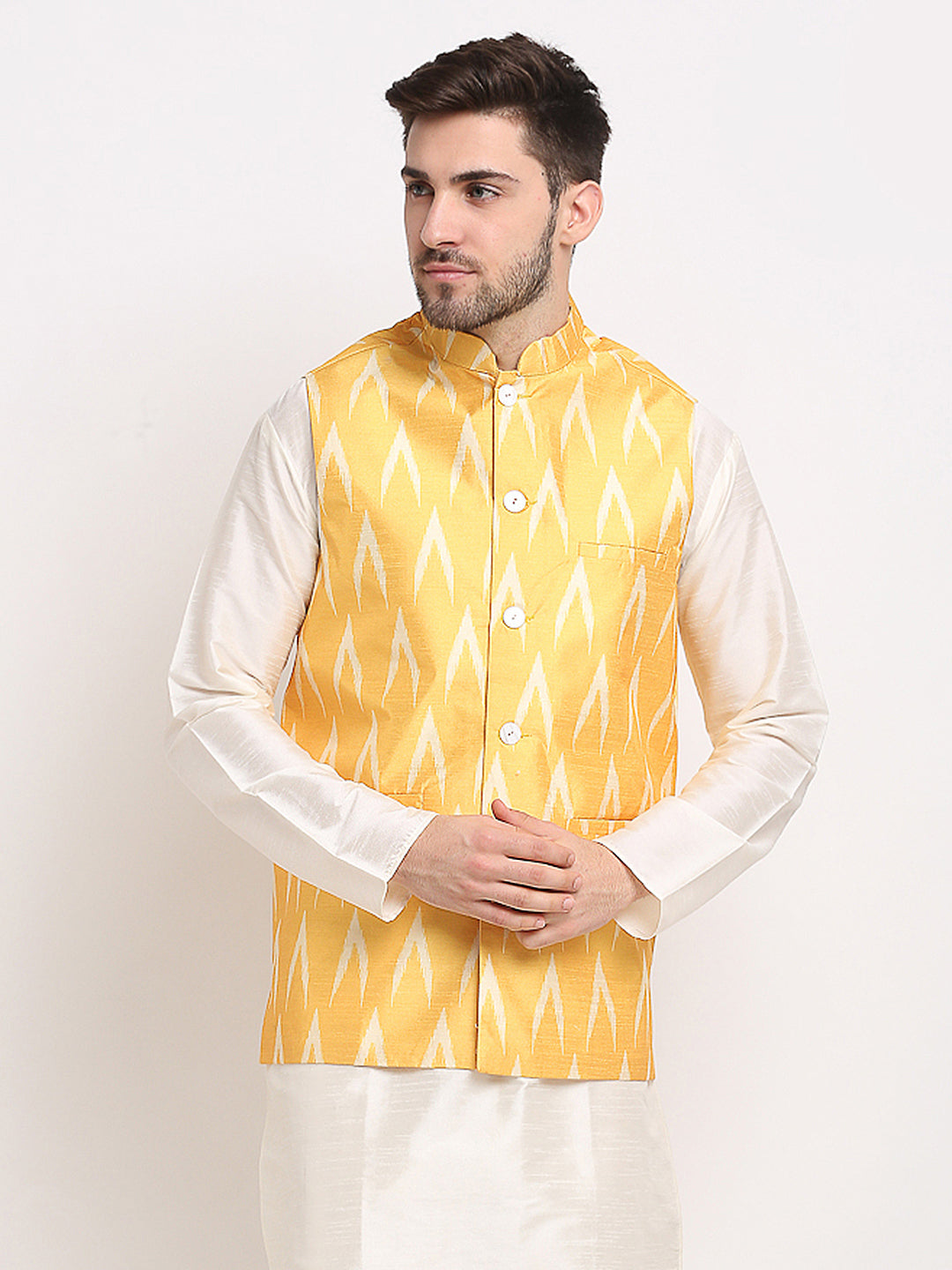 Men's Mustard Ikat Printed Nehru Jacket ( JOWC 4030Mustard ) - Virat Fashions