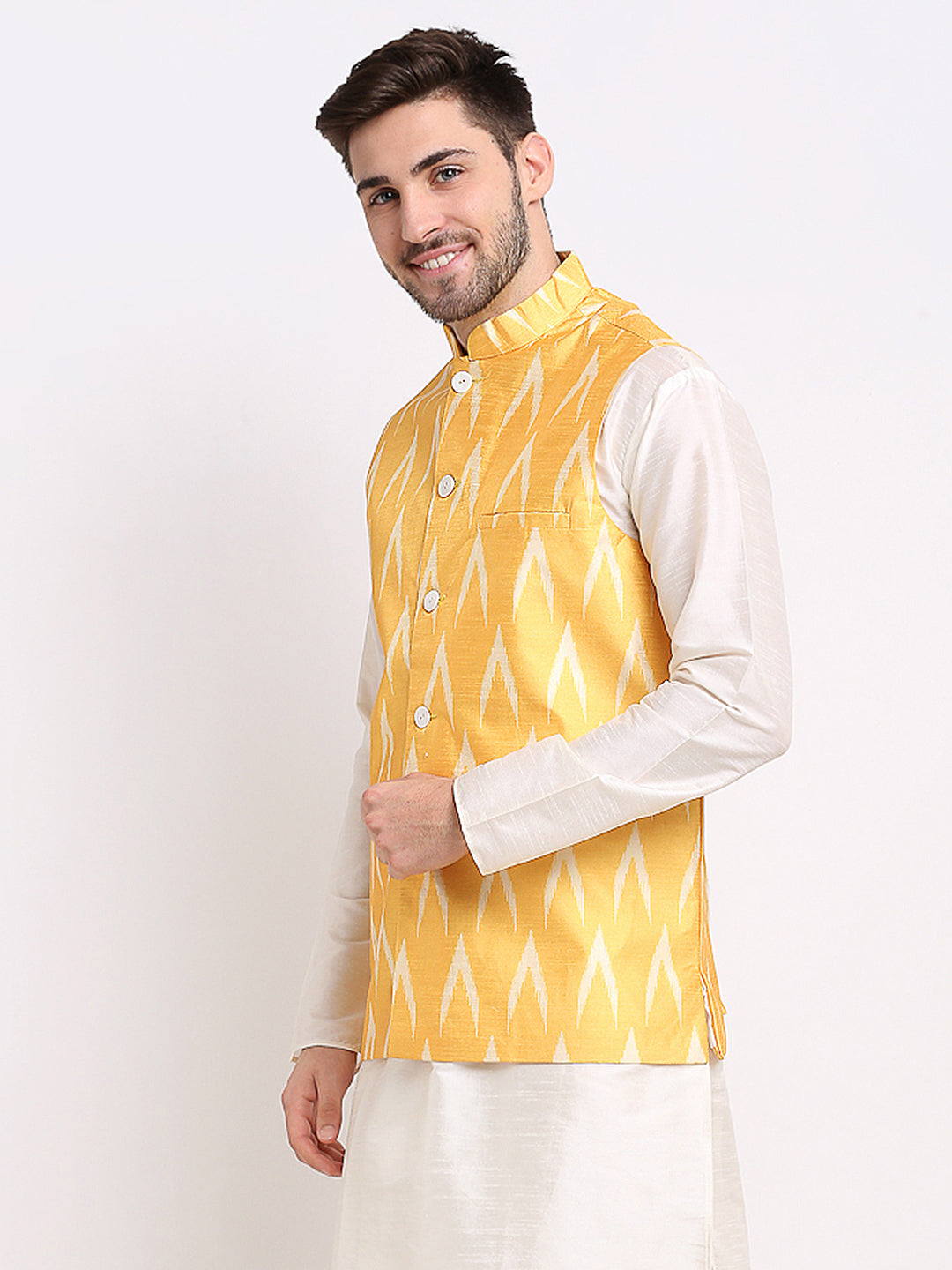 Men's Mustard Ikat Printed Nehru Jacket ( JOWC 4030Mustard ) - Virat Fashions