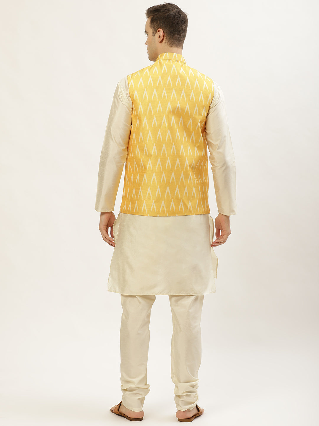 Men's Ikat Print Nehru Jacket & Kurta Pyjama ( JOKPWC W-D 4030Mustard ) - Virat Fashions