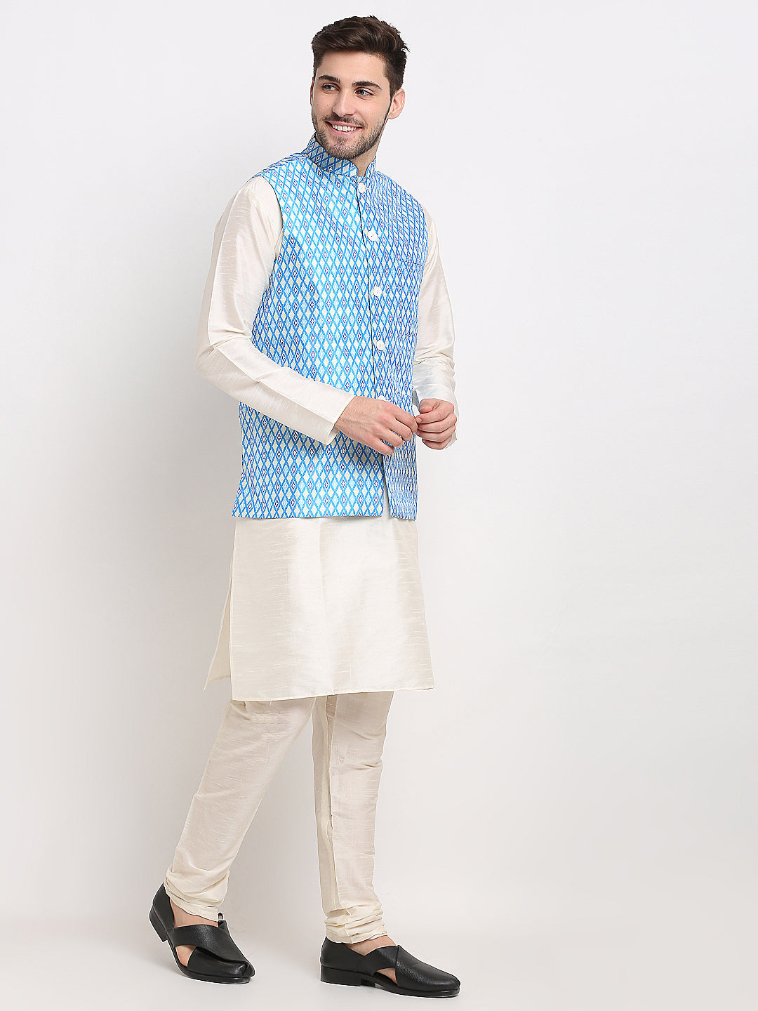 Men's Ikat Print Nehru Jacket & Kurta Pyjama ( JOKPWC W-D 4030Sky ) - Virat Fashions