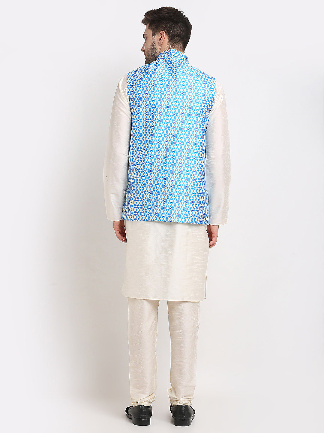 Men's Ikat Print Nehru Jacket & Kurta Pyjama ( JOKPWC W-D 4030Sky ) - Virat Fashions