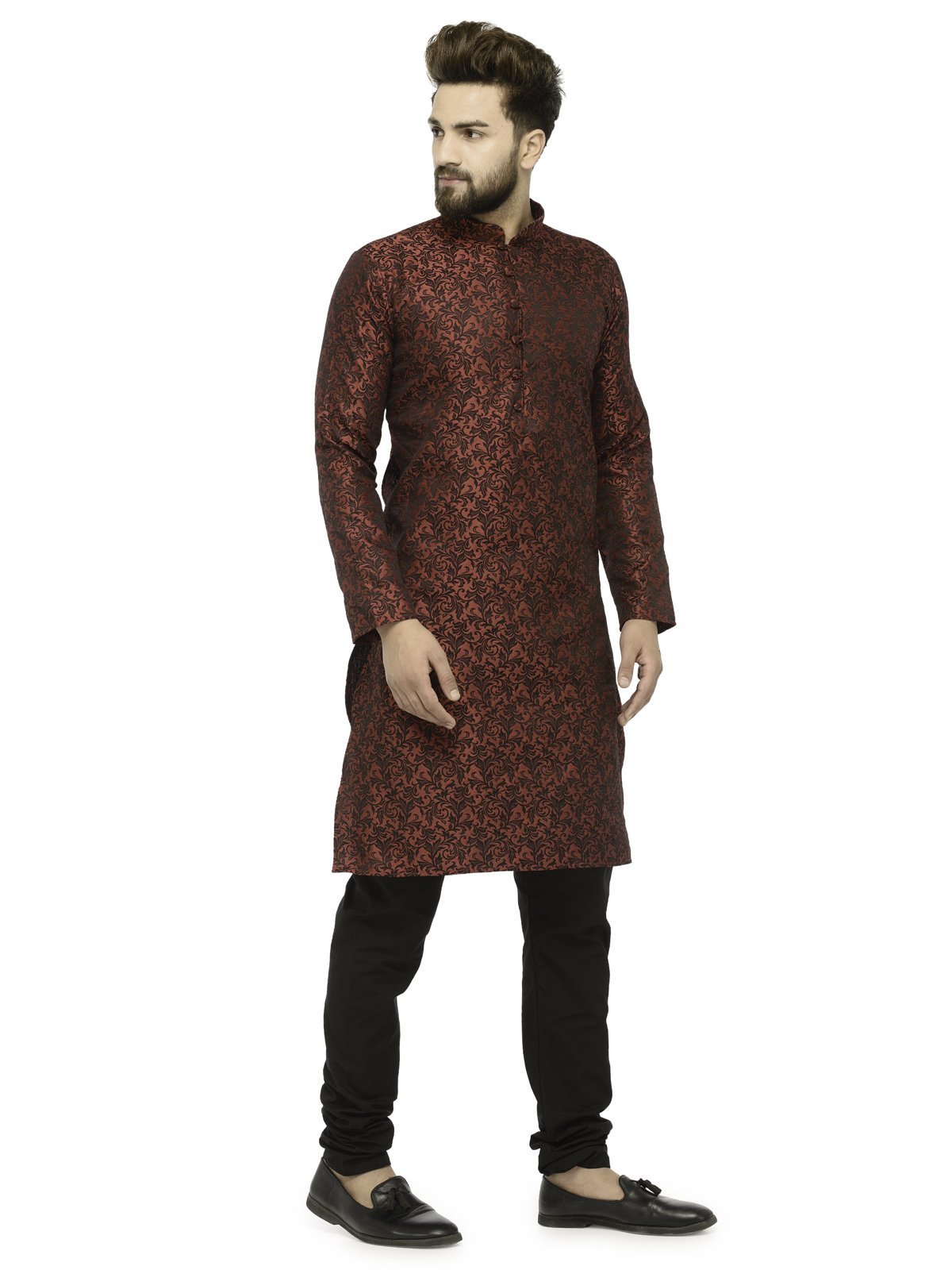 Men's Maroon & Black Self Design Kurta with Churidar - Virat Fashions